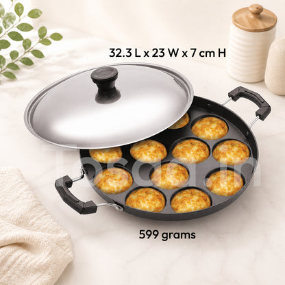 Tosaa Non-Stick 12 Cavity Appam Patra Side Handle with lid, Color May Vary