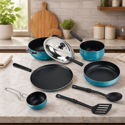 Nonstick Cookware 8 Pcs Gift Set Amber Includes 1 -Flat Tawa, 1- Kadhai, 1 -Frying pan, 1- Sauce pan, 1 - Tadka pan, 1 - Stainless Steel Lid, 2 - Spatula