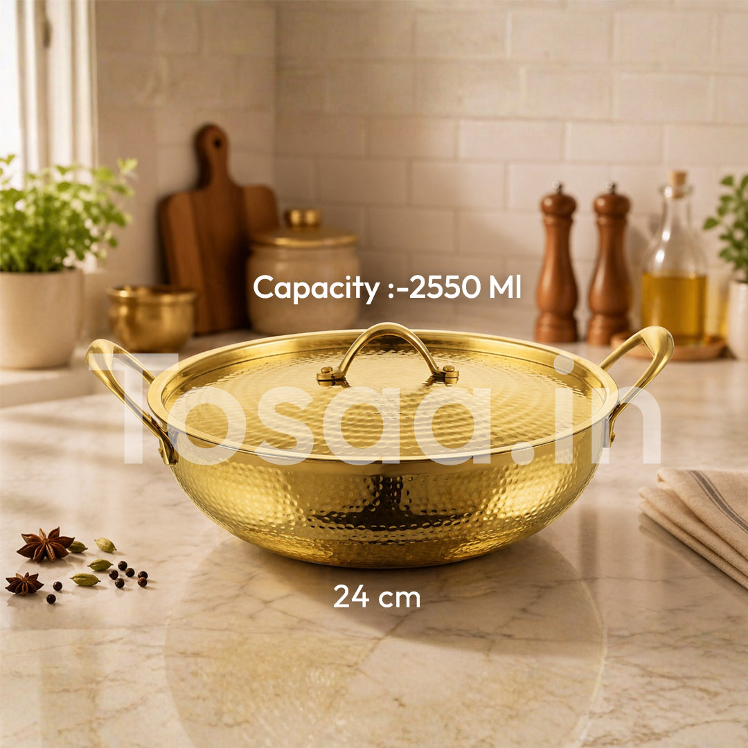 JALKUMBH BRASS Kadhai  WITH LID  24 CM (2550 ML), with Insulated Heat-Resistant Handle and  Lid Traditional Handcrafted Pital Kadhai For Kitechen Use