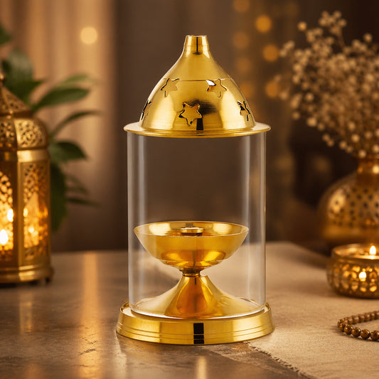 JALKUMBH COPPER BRASS AKHAND DIYA WITH GLASS COVER, Deepam Jyot Diya Oil Lamp- GOLDEN BRASS DIYA FOR FESTIVALS (SMALL)