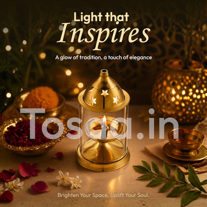 JALKUMBH COPPER BRASS AKHAND DIYA WITH GLASS COVER, Deepam Jyot Diya Oil Lamp- GOLDEN BRASS DIYA FOR FESTIVALS (SMALL)