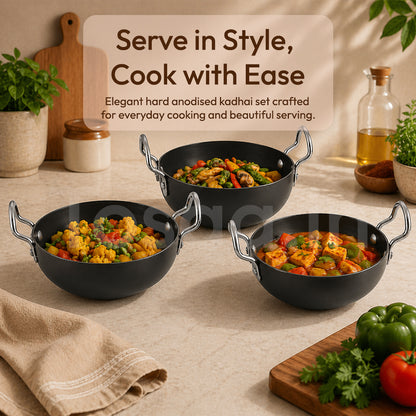 Nonstick Hard Anodised Serving Kadhai 3Pc Set- 340, Ml, 360, 375Ml Capacity, Black