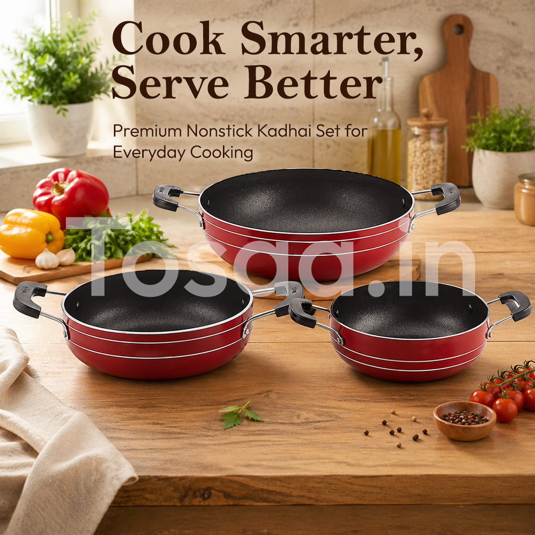 Nonstick Cookware Kadhai Gift Set of 3 Pcs, Brown Red, Standard (TP3KSBR),230, 180, 160 Mm