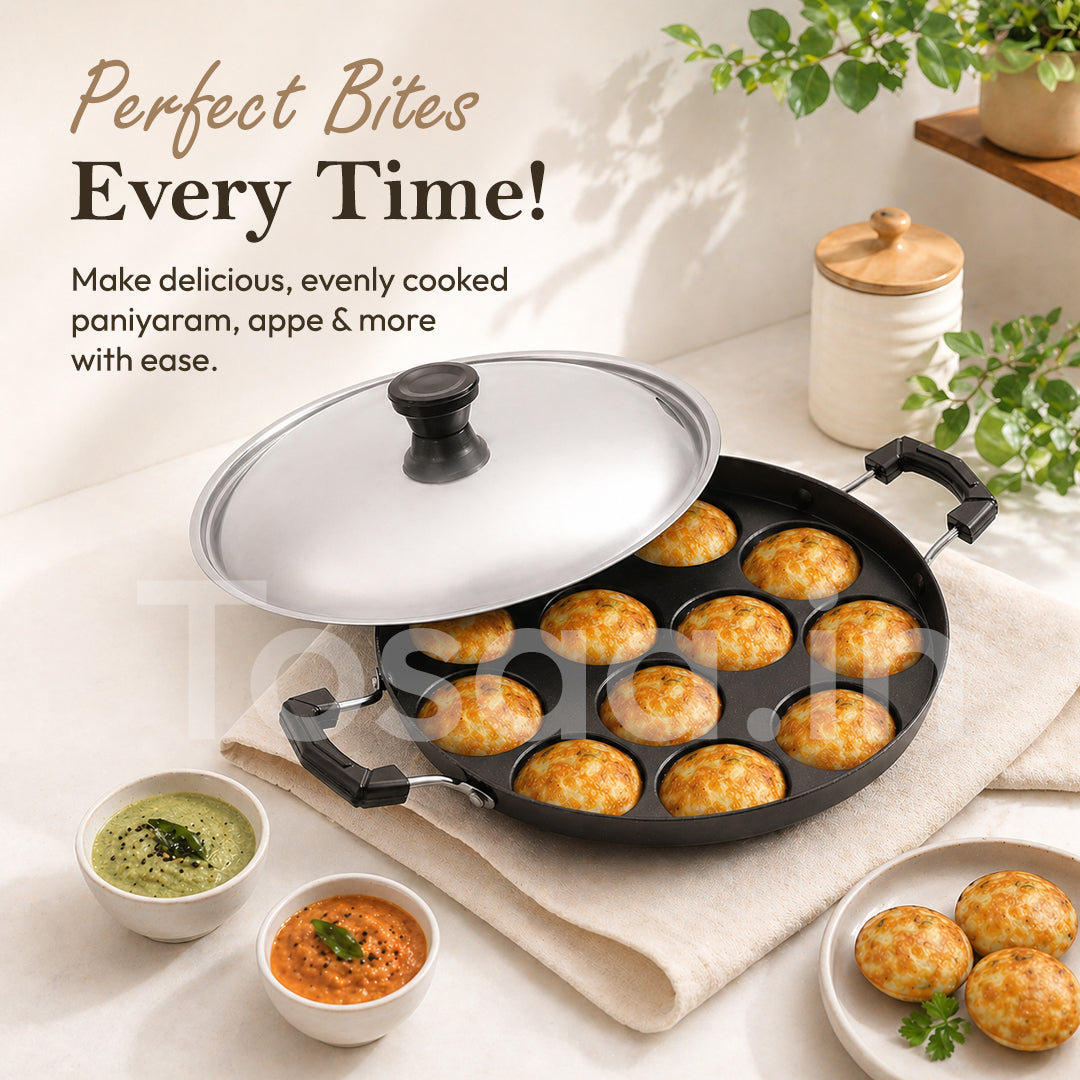 Tosaa Non-Stick 12 Cavity Appam Patra Side Handle with lid, Color May Vary