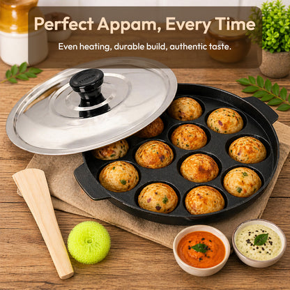 Tosaa Non-Stick 12 Cavity Appam Patra with Stainless Steel Lid- Back