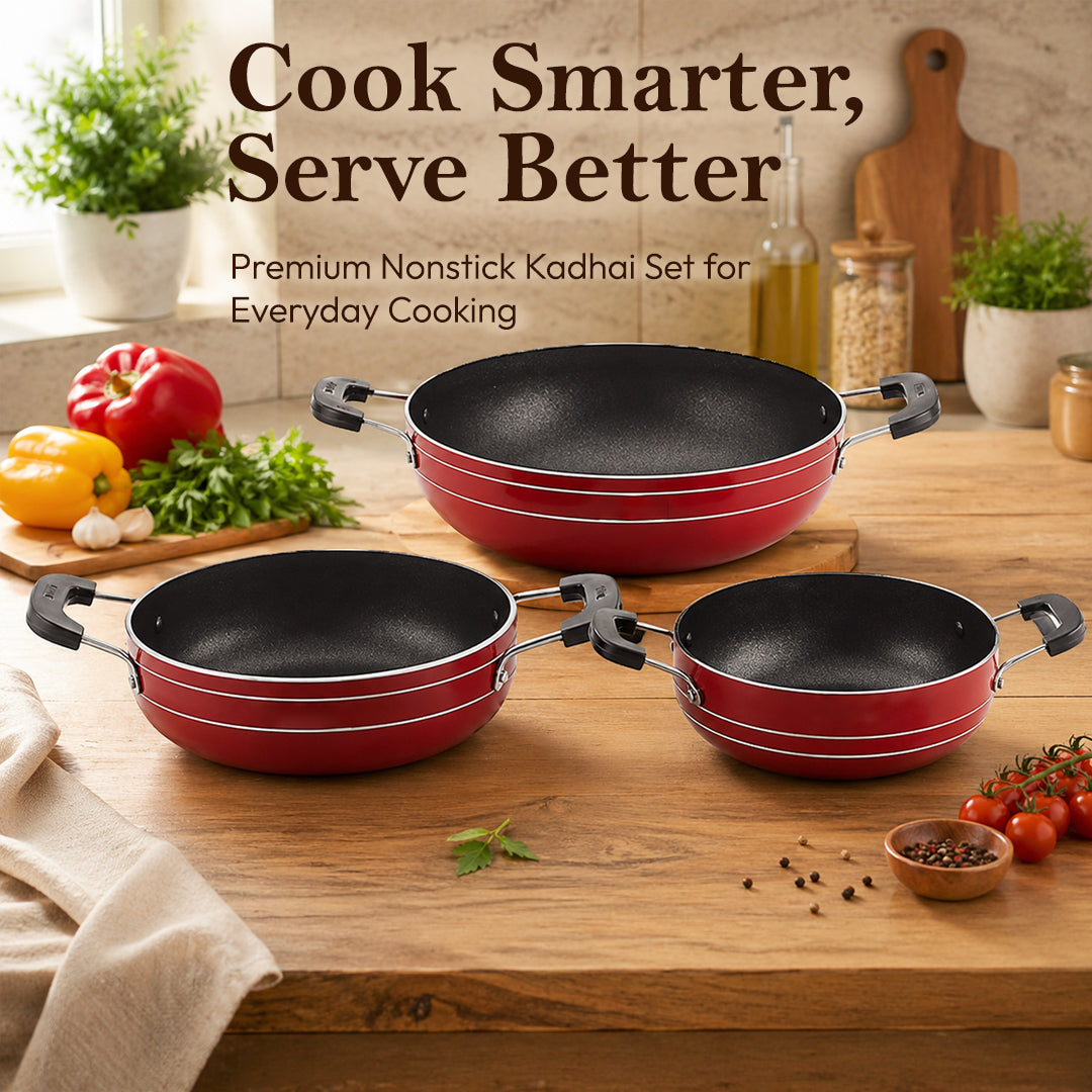 Nonstick Cookware Kadhai Gift Set of 3 Pcs, Brown Red, Standard (TP3KSBR),230, 180, 160 Mm