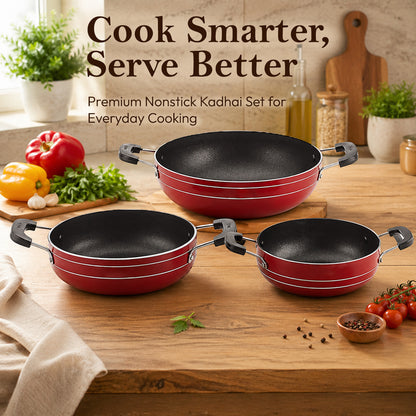 Nonstick Cookware Kadhai Gift Set of 3 Pcs, Brown Red, Standard (TP3KSBR),230, 180, 160 Mm