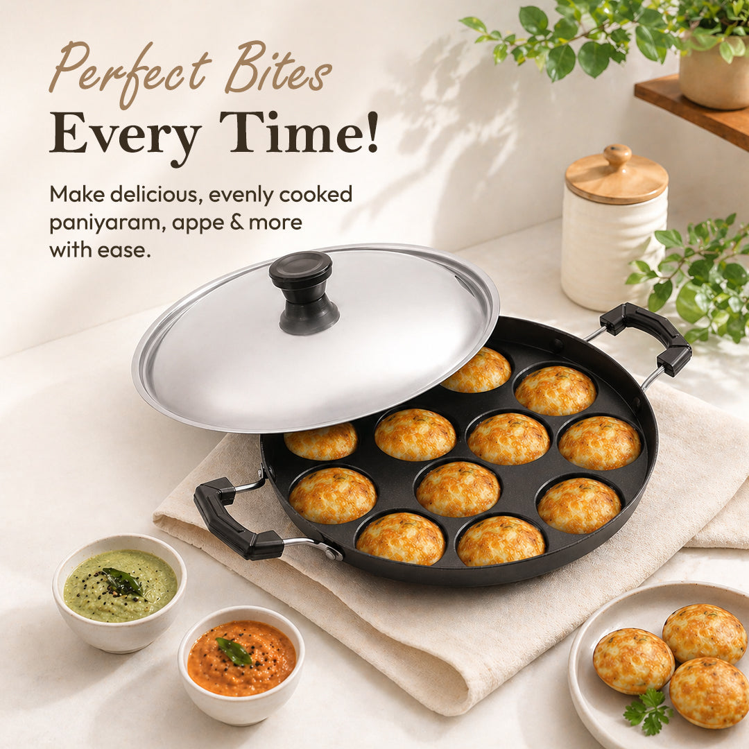 Tosaa Non-Stick 12 Cavity Appam Patra Side Handle with lid, Color May Vary