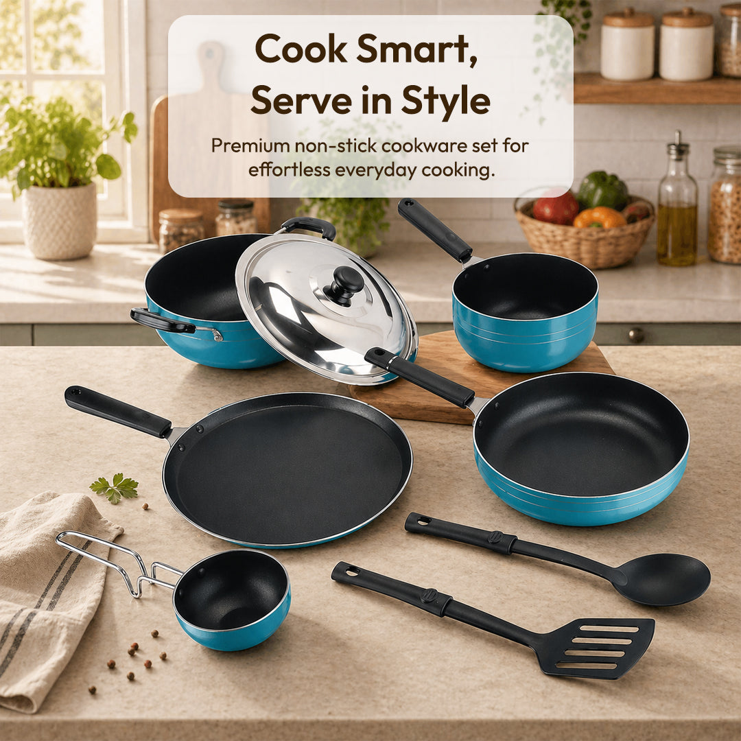 Nonstick Cookware 8 Pcs Gift Set Amber Includes 1 -Flat Tawa, 1- Kadhai, 1 -Frying pan, 1- Sauce pan, 1 - Tadka pan, 1 - Stainless Steel Lid, 2 - Spatula