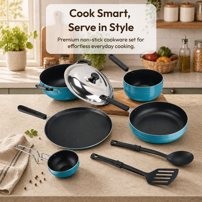 Nonstick Cookware 8 Pcs Gift Set Amber Includes 1 -Flat Tawa, 1- Kadhai, 1 -Frying pan, 1- Sauce pan, 1 - Tadka pan, 1 - Stainless Steel Lid, 2 - Spatula