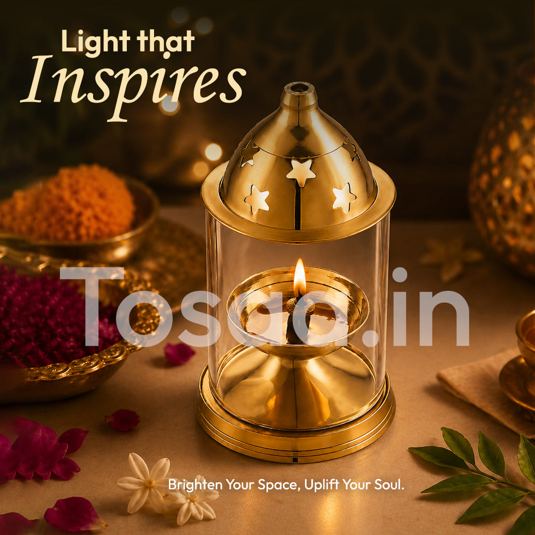 ALKUMBH COPPER BRASS AKHAND DIYA WITH GLASS COVER, Deepam Jyot Diya Oil Lamp (MEDIUM)