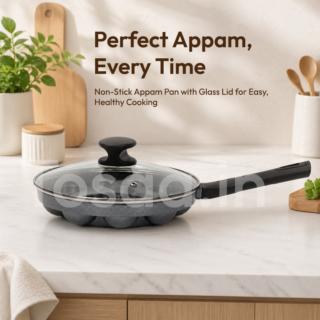 Heavy Duty Aluminium 12 Cavity Appam Patra Paniyarakkal One Side Handle with Glass lid & Wooden Picker (Marble Grey)