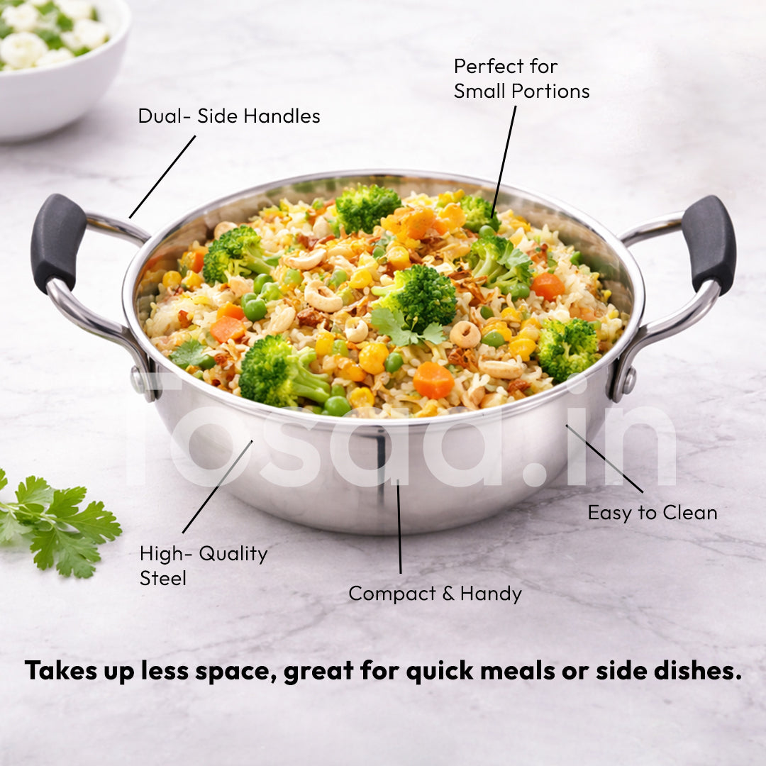 TOSAA TRIPLY MINI KADHAI, Mini Triply Kadhai – 3 Layer Base,Ideal for Frying, Tadka,Compact & Heavy Duty | Induction Base | Multipurpose Cookware,MIXING SMALL QTY,MAKING SMALL QTY HALWA