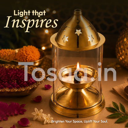 JALKUMBH COPPER BRASS AKHAND DIYA WITH GLASS COVER, Deepam Jyot Diya Oil Lamp- GOLDEN BRASS DIYA FOR FESTIVALS (BIG)