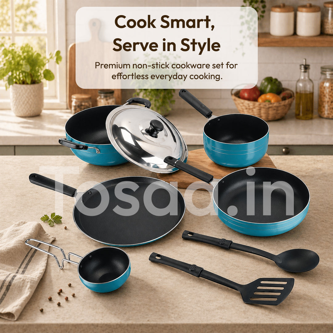 Tosaa Popular Nonstick Cookware 8 Pcs Gift Set Amber Includes 1 -Flat Tawa, 1- Kadhai, 1 -Frying pan, 1- Sauce pan, 1 - Tadka pan, 1 - Stainless Steel Lid, 2 - Spatula