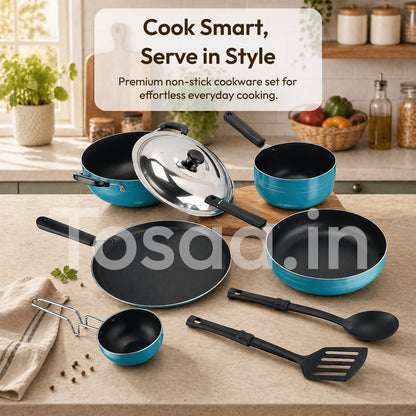 Tosaa Popular Nonstick Cookware 8 Pcs Gift Set Amber Includes 1 -Flat Tawa, 1- Kadhai, 1 -Frying pan, 1- Sauce pan, 1 - Tadka pan, 1 - Stainless Steel Lid, 2 - Spatula