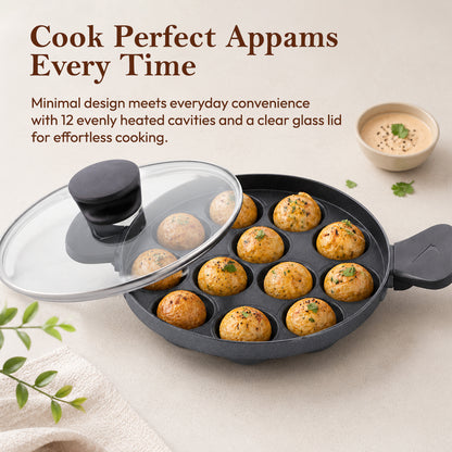 Appam Patra 12 Cavity Side Handle with Glass Lid