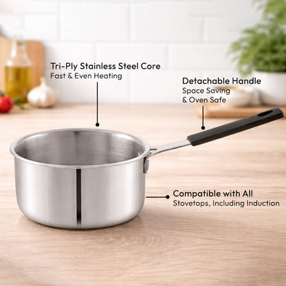 TOSAA TRIPLY MINI SAUCE PAN -3-Layer Base for Even Heating | Milk, Water, Tea Pan,Mini Sauce Pan | Dishwasher Safe | Cool-Touch Handle,IDEAL FOR BABY FOOD PREPARATION-SMALL QTY 1 CUP OR 1 BOWL VEG SOUP DAL