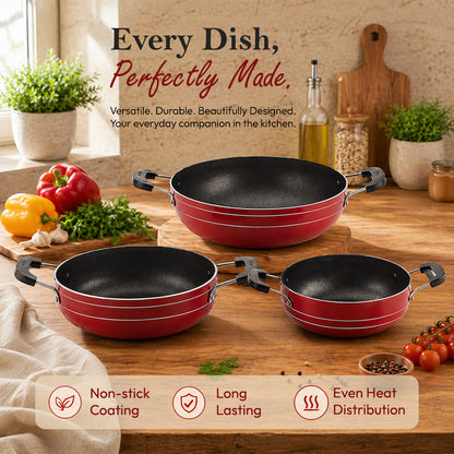 Nonstick Cookware Kadhai Gift Set of 3 Pcs, Brown Red, Standard (TP3KSBR),230, 180, 160 Mm