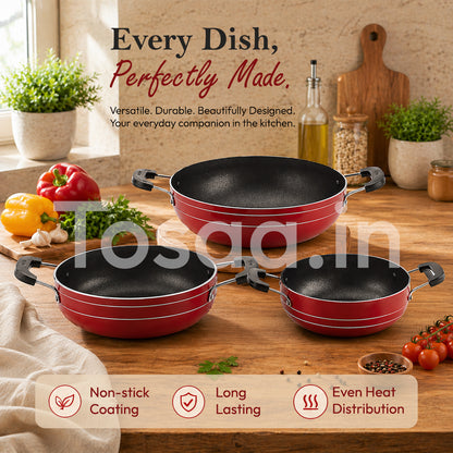 Nonstick Cookware Kadhai Gift Set of 3 Pcs, Brown Red, Standard (TP3KSBR),230, 180, 160 Mm