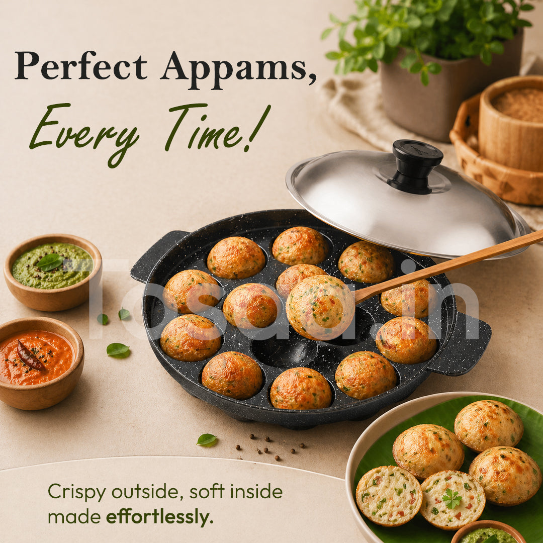 Tosaa Non-Stick Grill Appam 12 Cavity Designer with Stainless Steel Lid Gas Compatible
