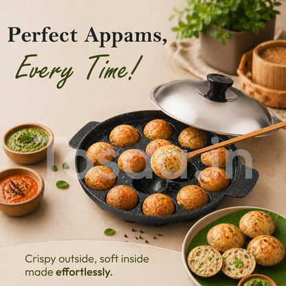 Tosaa Non-Stick Grill Appam 12 Cavity Designer with Stainless Steel Lid Gas Compatible