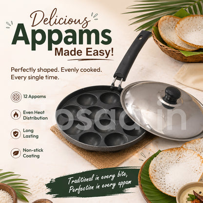 Tosaa Aluminium Non-Stick 12 Cavity Appam Patra with Lid (Black, 21 cm)