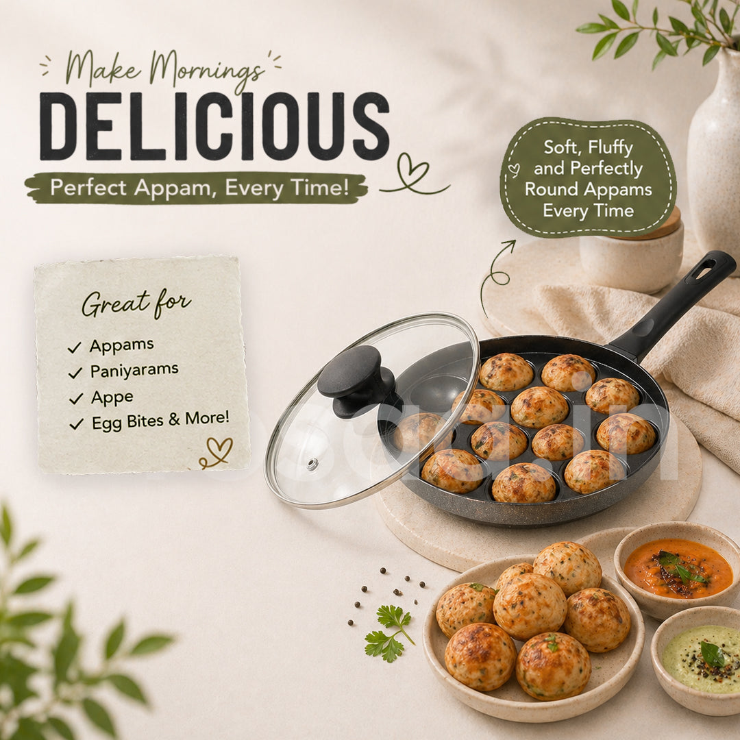 Heavy Duty Aluminium 12 Cavity Appam Patra Paniyarakkal One Side Handle with Glass lid & Wooden Picker (Marble Grey)