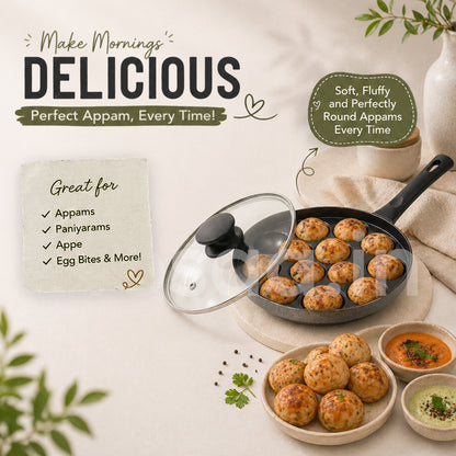 Heavy Duty Aluminium 12 Cavity Appam Patra Paniyarakkal One Side Handle with Glass lid & Wooden Picker (Marble Grey)