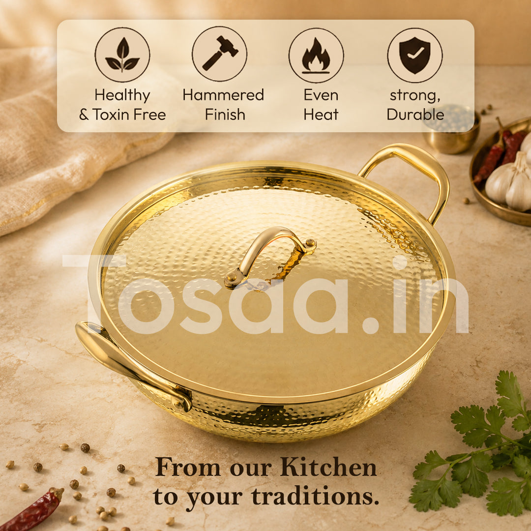 JALKUMBH BRASS Kadhai WITH LID  25 CM (2900 ML), with Insulated Heat-Resistant Handle and  Lid Traditional Handcrafted Pital Kadhai For Kitechen Use