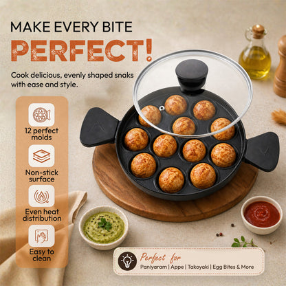 Appam Patra 12 Cavity Side Handle with Glass Lid