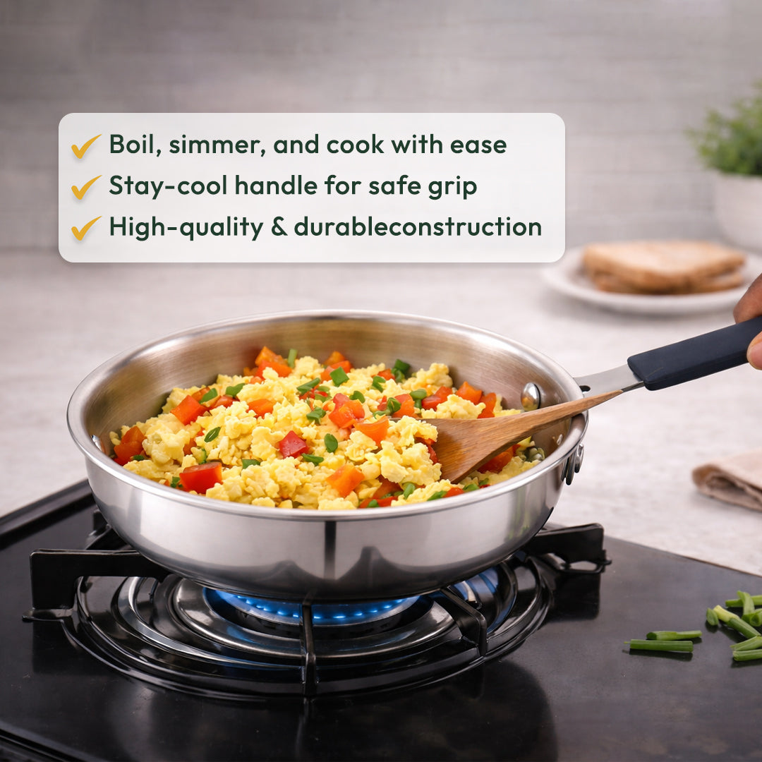 TOSAA TRIPLY MINI FRY PAN- 3-Ply Stainless Steel | Small Non-Stick Frying Pan | Induction & Gas Compatible,Mini Triply Fry Pan for Everyday Cooking | Non-Reactive Steel,Use for TADKA