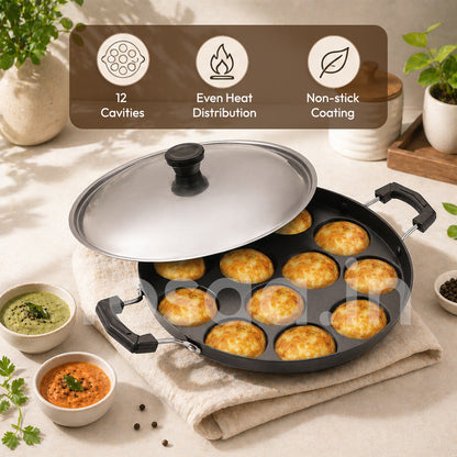 Tosaa Non-Stick 12 Cavity Appam Patra Side Handle with lid, Color May Vary