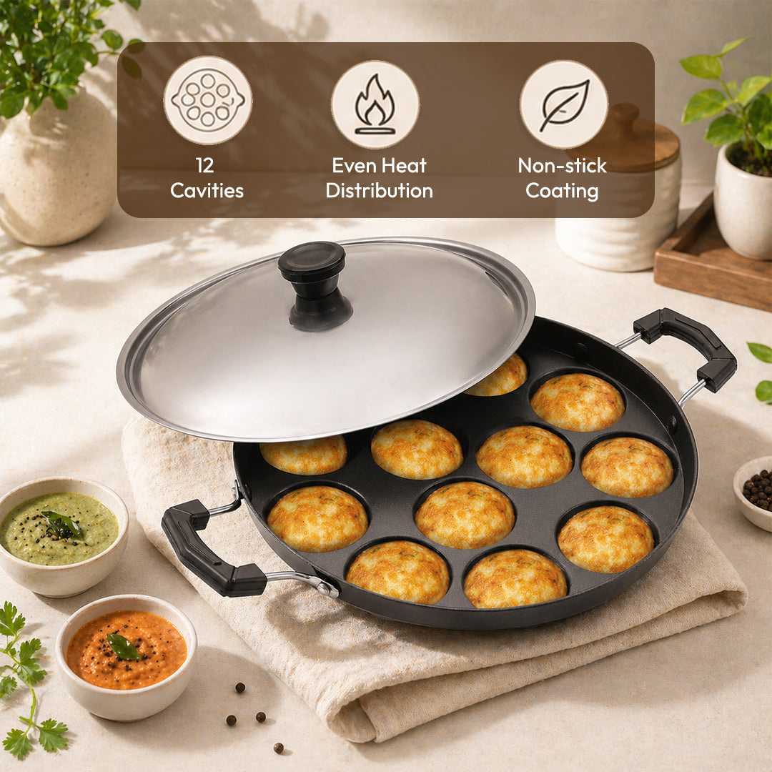 Tosaa Non-Stick 12 Cavity Appam Patra Side Handle with lid, Color May Vary
