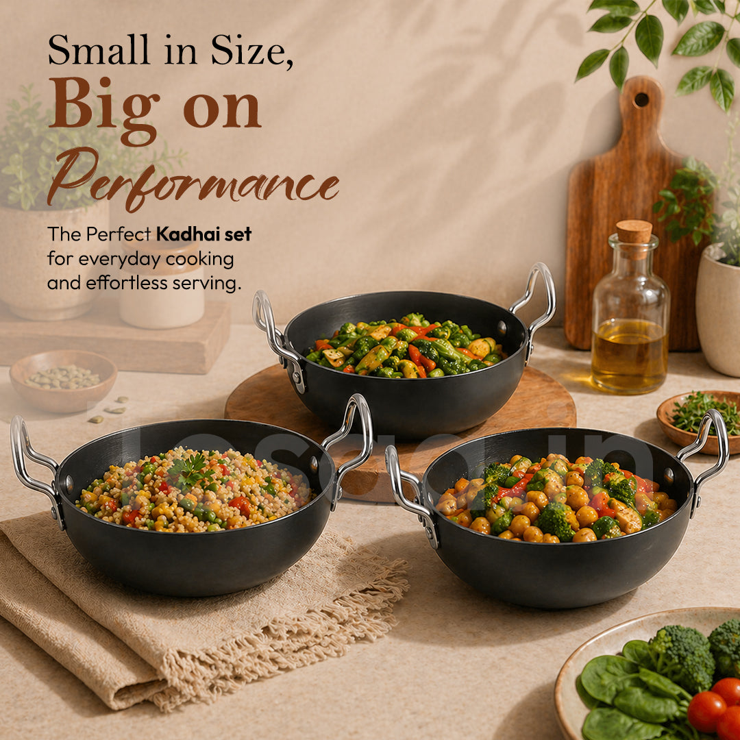 Nonstick Hard Anodised Serving Kadhai 3Pc Set- 340, Ml, 360, 375Ml Capacity, Black
