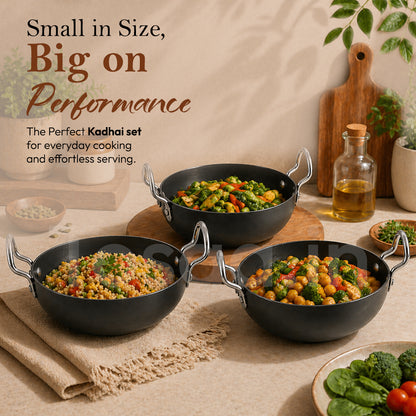 Nonstick Hard Anodised Serving Kadhai 3Pc Set- 340, Ml, 360, 375Ml Capacity, Black