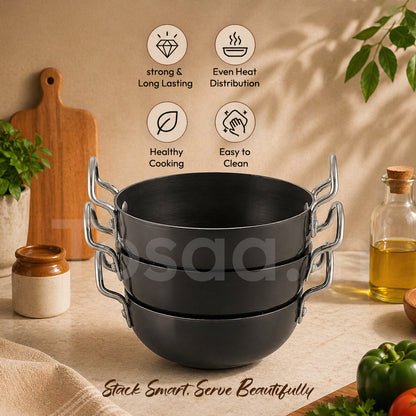 Nonstick Hard Anodised Serving Kadhai 3Pc Set- 340, Ml, 360, 375Ml Capacity, Black