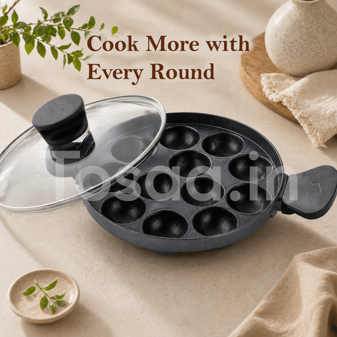 Tosaa Appam Patra 12 Cavity Side Handle with Glass Lid (Multicolor)