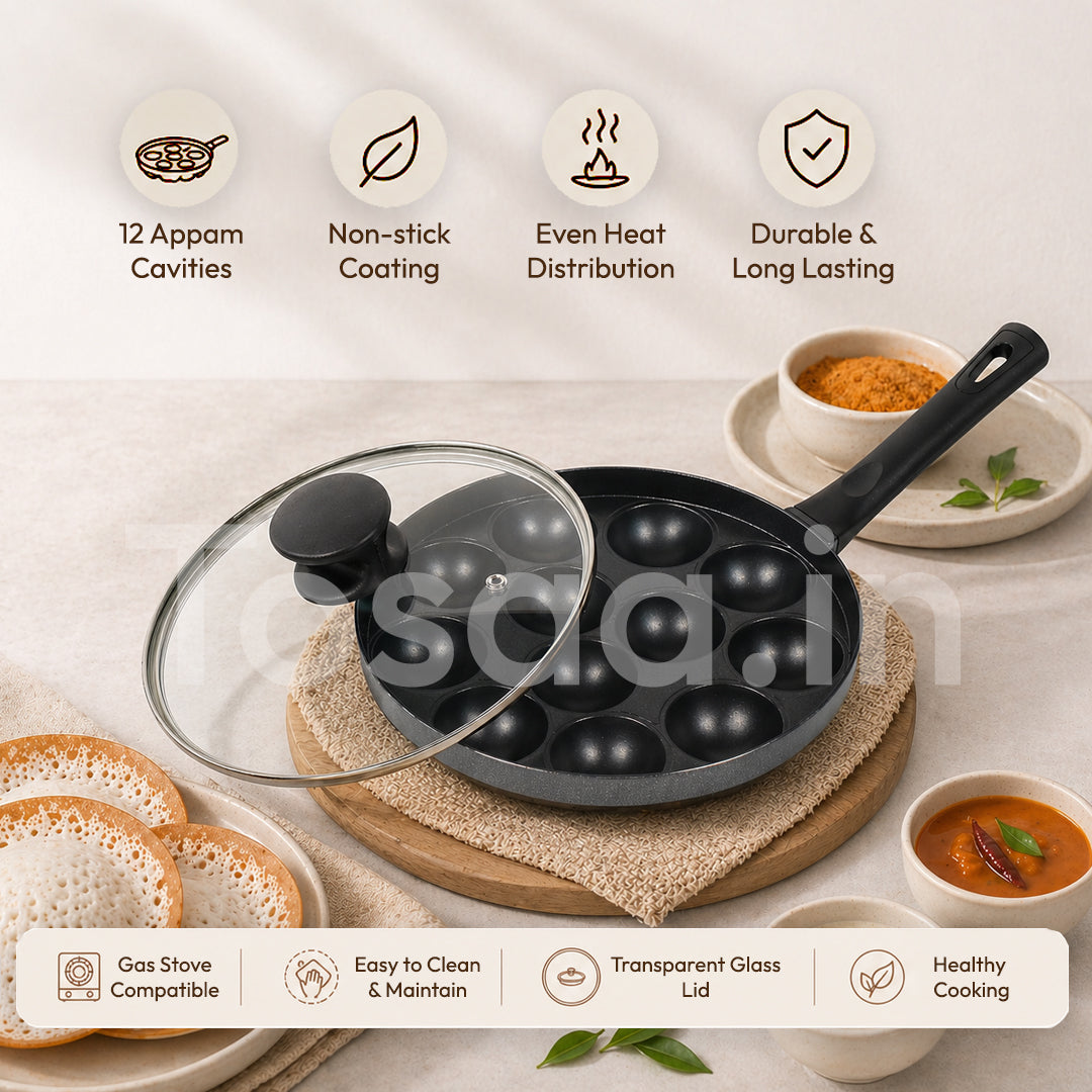 Heavy Duty Aluminium 12 Cavity Appam Patra Paniyarakkal One Side Handle with Glass lid & Wooden Picker (Marble Grey)