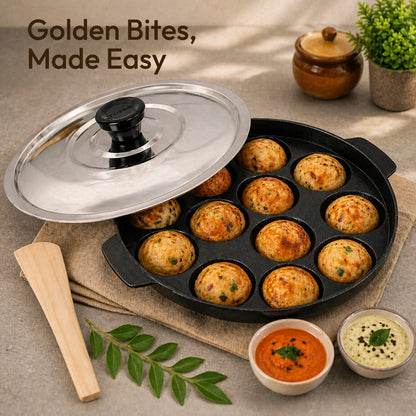 Tosaa Non-Stick 12 Cavity Appam Patra with Stainless Steel Lid- Back