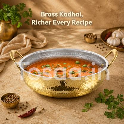 JALKUMBH BRASS Kadhai WITH LID  25 CM (2900 ML), with Insulated Heat-Resistant Handle and  Lid Traditional Handcrafted Pital Kadhai For Kitechen Use