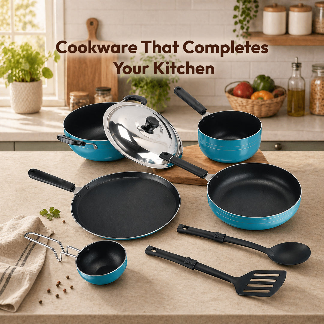Nonstick Cookware 8 Pcs Gift Set Amber Includes 1 -Flat Tawa, 1- Kadhai, 1 -Frying pan, 1- Sauce pan, 1 - Tadka pan, 1 - Stainless Steel Lid, 2 - Spatula