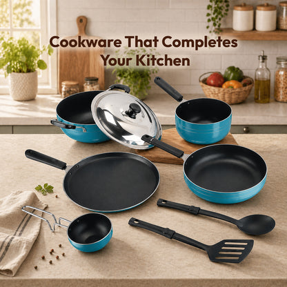 Nonstick Cookware 8 Pcs Gift Set Amber Includes 1 -Flat Tawa, 1- Kadhai, 1 -Frying pan, 1- Sauce pan, 1 - Tadka pan, 1 - Stainless Steel Lid, 2 - Spatula