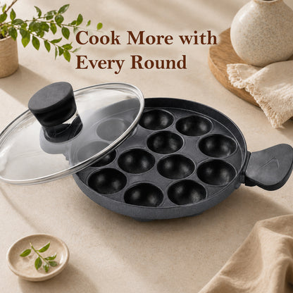 Appam Patra 12 Cavity Side Handle with Glass Lid