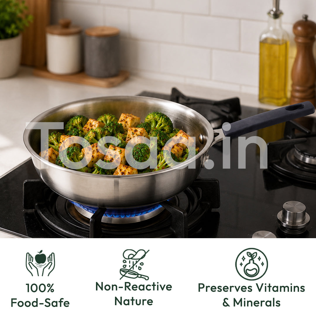 TOSAA TRIPLY MINI FRY PAN- 3-Ply Stainless Steel | Small Non-Stick Frying Pan | Induction & Gas Compatible,Mini Triply Fry Pan for Everyday Cooking | Non-Reactive Steel,Use for TADKA