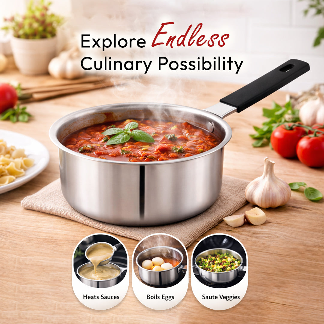 TOSAA TRIPLY MINI SAUCE PAN -3-Layer Base for Even Heating | Milk, Water, Tea Pan,Mini Sauce Pan | Dishwasher Safe | Cool-Touch Handle,IDEAL FOR BABY FOOD PREPARATION-SMALL QTY 1 CUP OR 1 BOWL VEG SOUP DAL