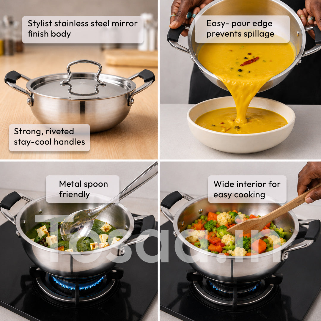 TOSAA TRIPLY MINI KADHAI, Mini Triply Kadhai – 3 Layer Base,Ideal for Frying, Tadka,Compact & Heavy Duty | Induction Base | Multipurpose Cookware,MIXING SMALL QTY,MAKING SMALL QTY HALWA