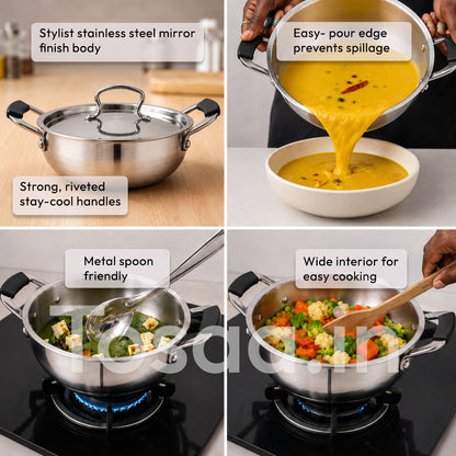 TOSAA TRIPLY MINI KADHAI, Mini Triply Kadhai – 3 Layer Base,Ideal for Frying, Tadka,Compact & Heavy Duty | Induction Base | Multipurpose Cookware,MIXING SMALL QTY,MAKING SMALL QTY HALWA