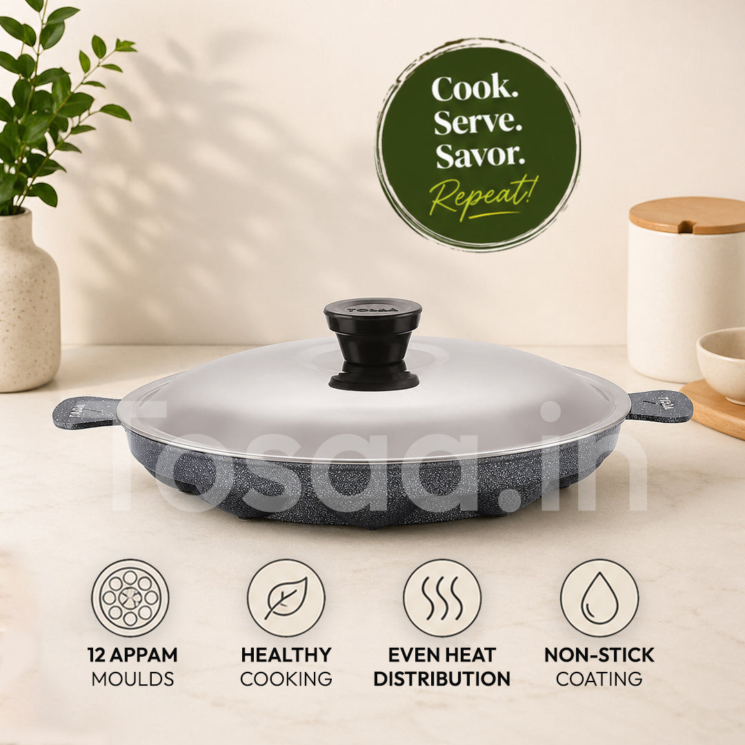 Tosaa Non-Stick Grill Appam 12 Cavity Designer with Stainless Steel Lid Gas Compatible