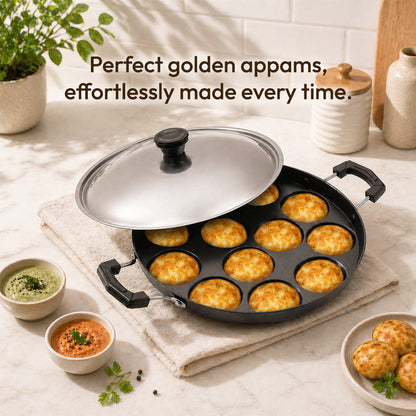 Tosaa Non-Stick 12 Cavity Appam Patra Side Handle with lid, Color May Vary
